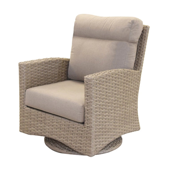 Wicker swivel glider with tan cushions